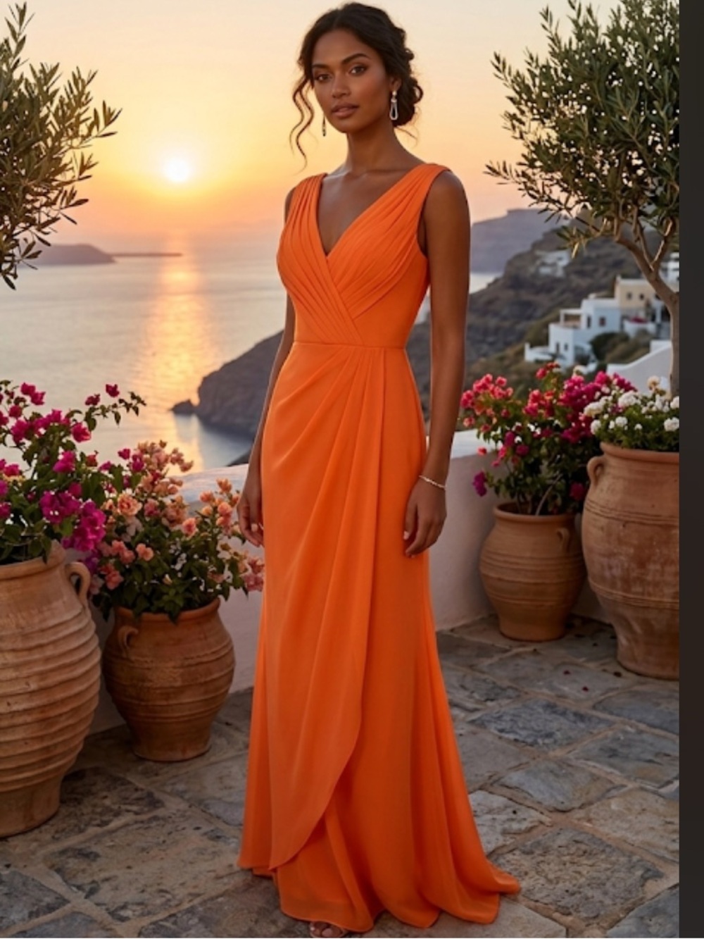 Hebeos Elegant Orange V-Neck Sleeveless Evening Dress